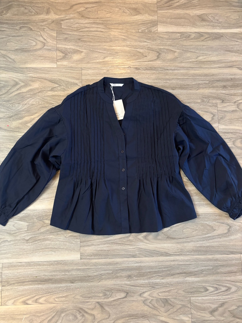 Pleated Button-Front Women's Top in Navy